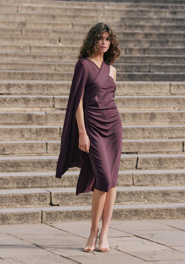 Paisie Asymmetric Draped Cape Sleeve Dress