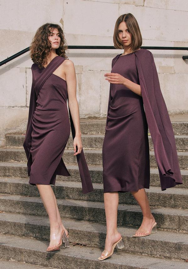 Paisie Asymmetric Draped Cape Sleeve Dress