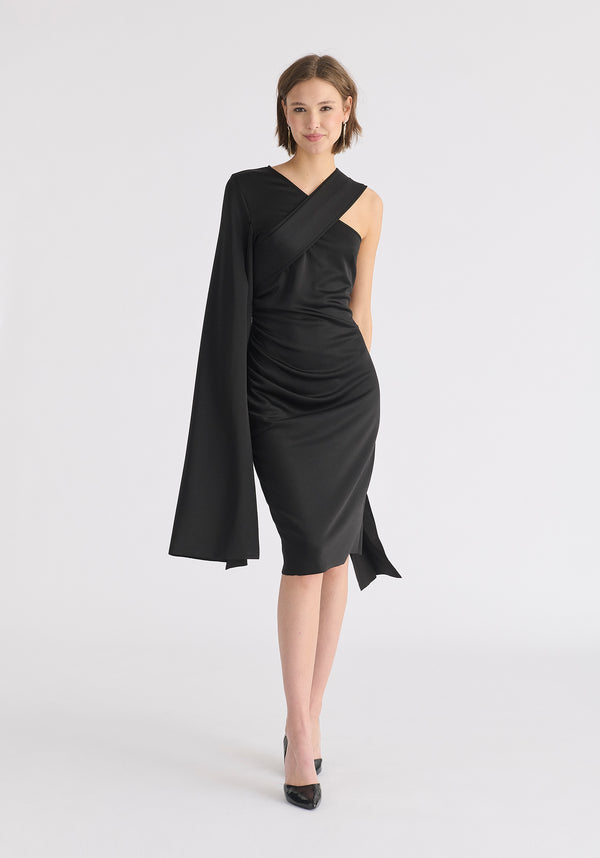 paisie Asymmetric Draped Cape Sleeve Dress