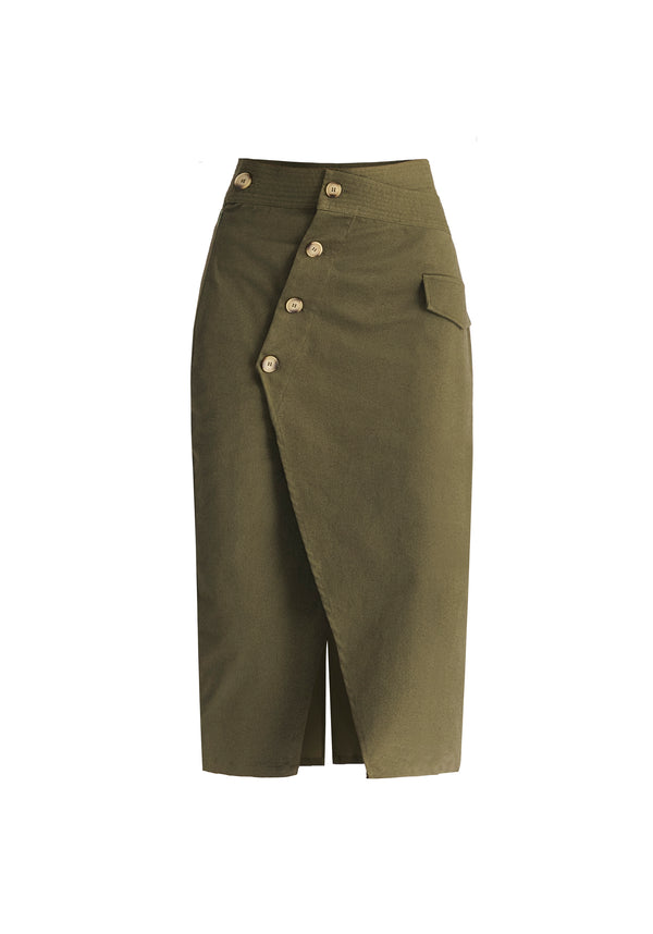 Paisie Asymmetric Midi Skirt With Button Details