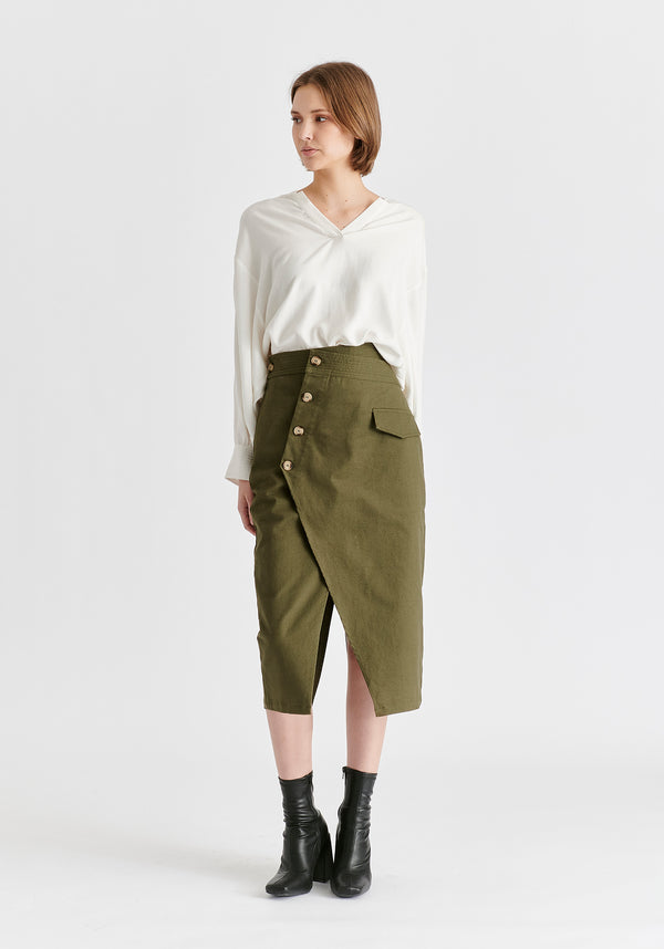 Paisie Asymmetric Midi Skirt With Button Details