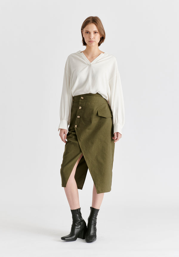 Paisie Asymmetric Midi Skirt With Button Details