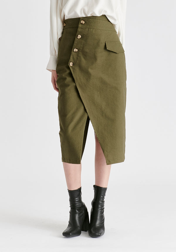 paisie Asymmetric Midi Skirt with Button Details