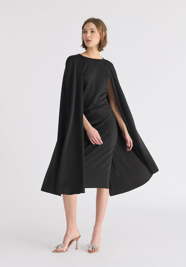 Paisie Cape Sleeves Dress With Waist Details