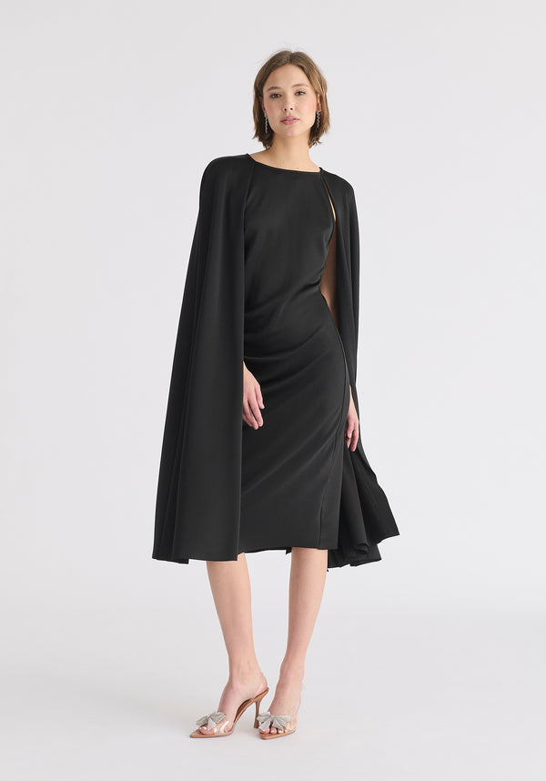 Paisie Cape Sleeves Dress With Waist Details