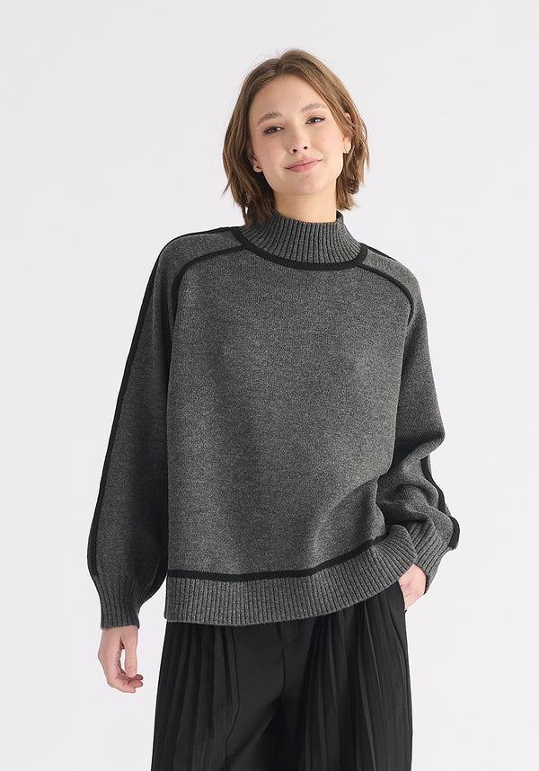 paisie Contrast Stripe Piping Mock Neck Jumper