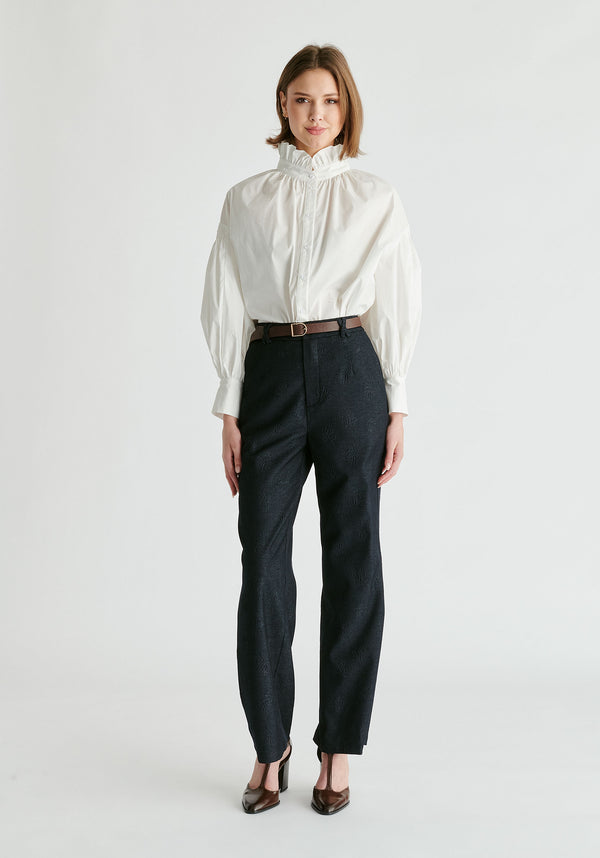 Paisie Denim Effect Trousers In Embossed Print