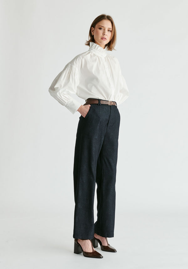 Paisie Denim Effect Trousers In Embossed Print