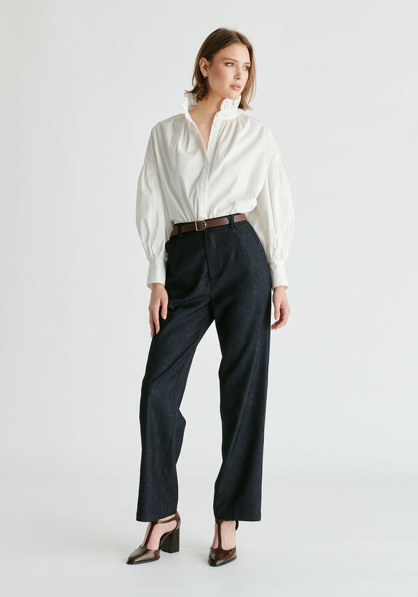 Paisie Denim Effect Trousers In Embossed Print
