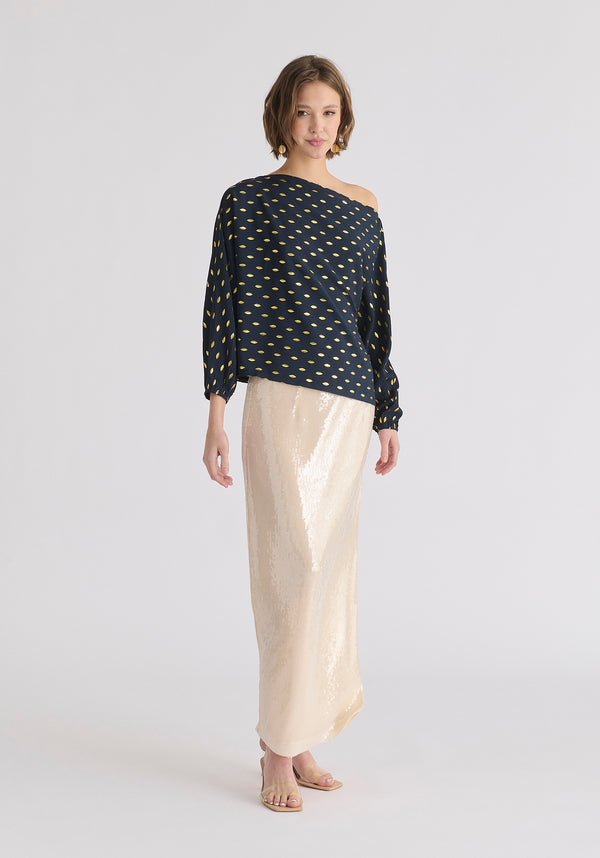 Paisie Gold Foil Print Boat Neck Top