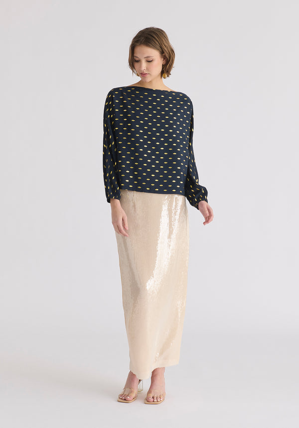 Paisie Gold Foil Print Boat Neck Top