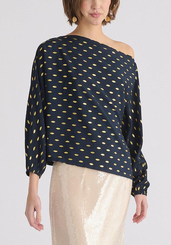 paisie Gold Foil Print Boat Neck Top
