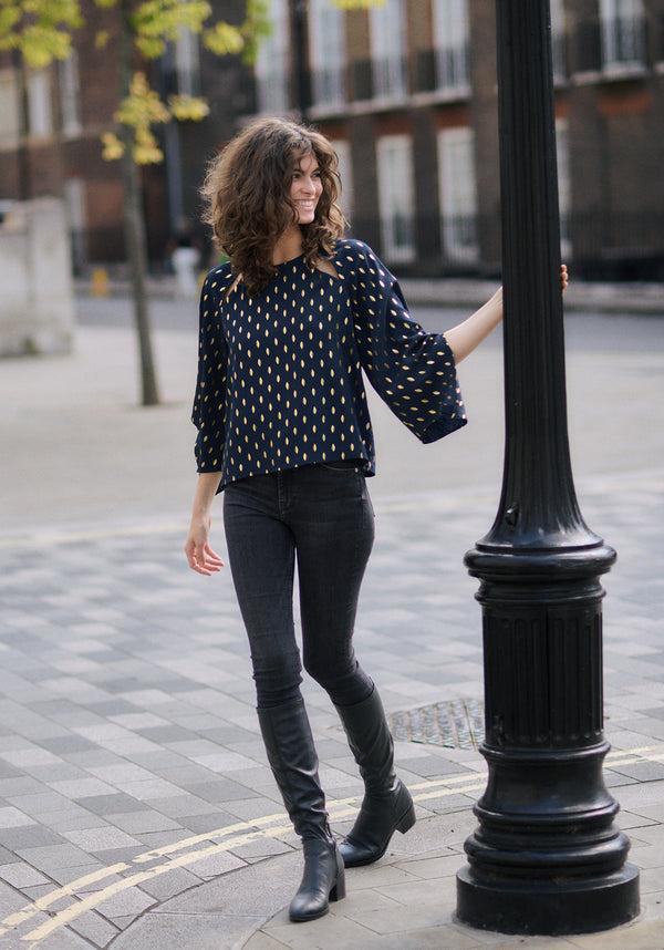 Paisie Gold Foil Print Cut-Out Draped Sleeve Top