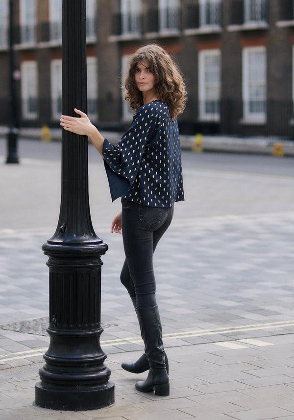 Paisie Gold Foil Print Cut-Out Draped Sleeve Top