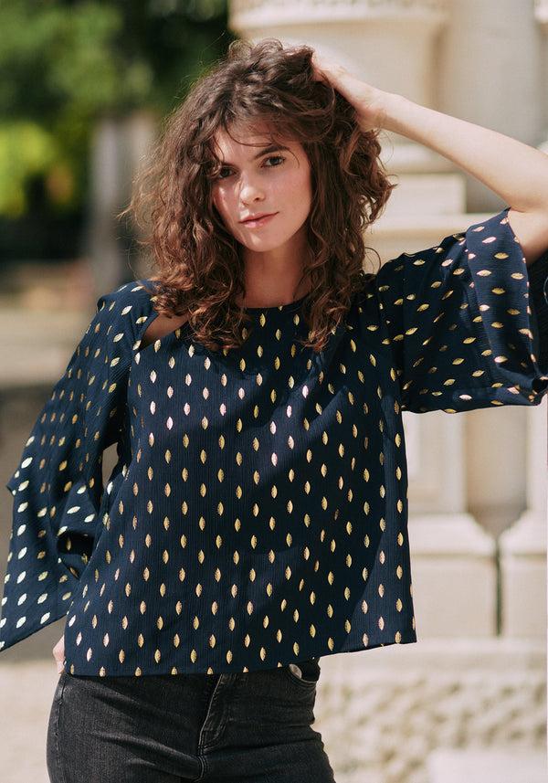 paisie Gold Foil Print Cut-Out Draped Sleeve Top