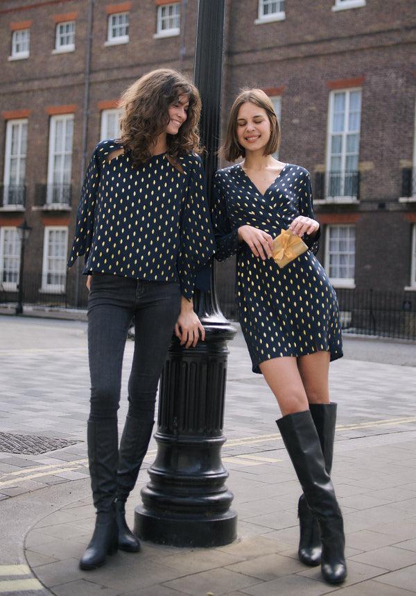 Paisie Gold Foil Print Mini Wrap Dress With Slit