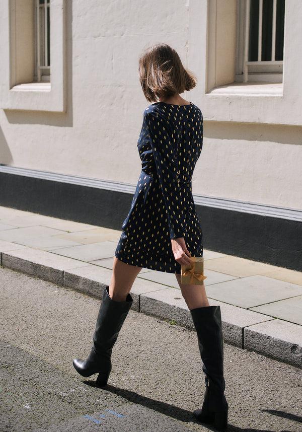 Paisie Gold Foil Print Mini Wrap Dress With Slit