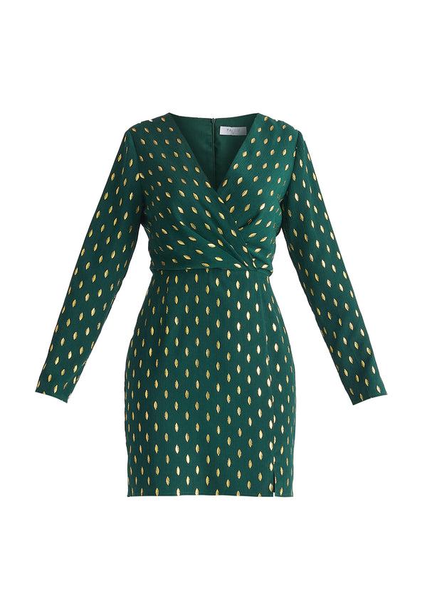 Paisie Gold Foil Print Mini Wrap Dress With Slit