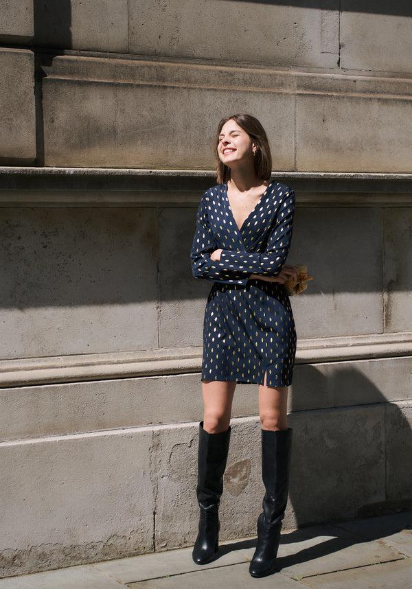 paisie Gold Foil Print Mini Wrap Dress with Slit