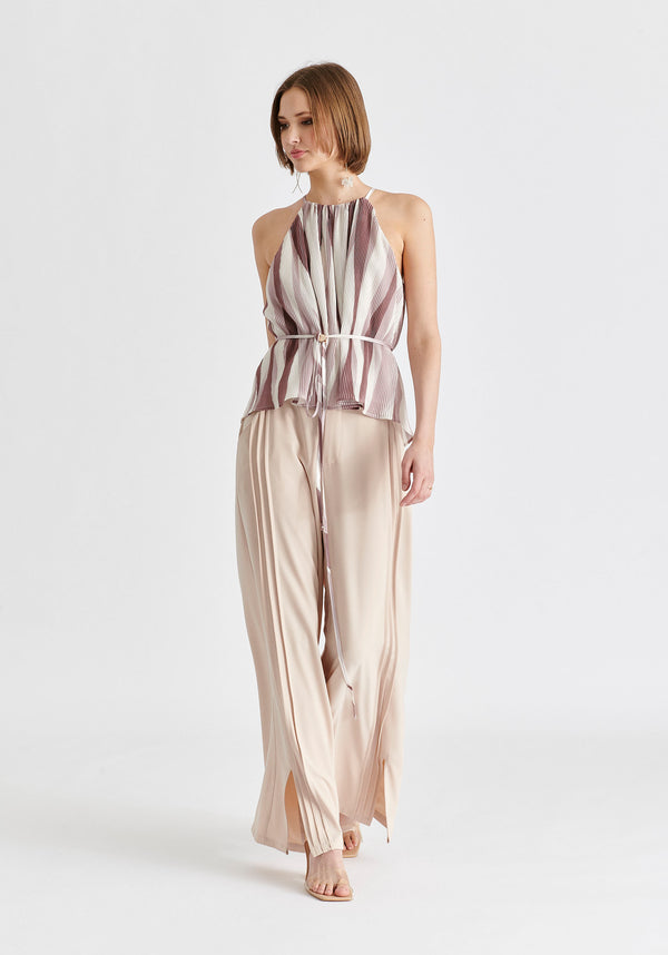 Paisie Halter Neck Plisse Top With Belt
