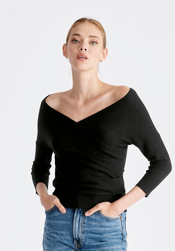 paisie Knitted Wrap Top with 3/4 sleeves