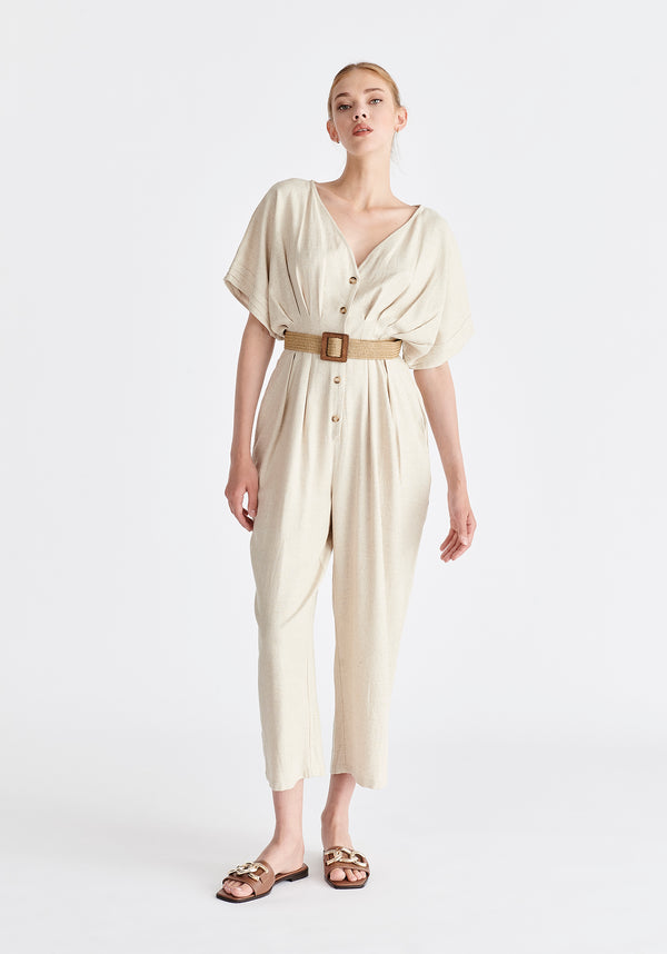 Paisie Linen Blend Button Jumpsuit
