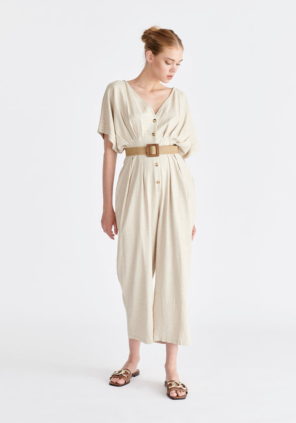 Paisie Linen Blend Button Jumpsuit
