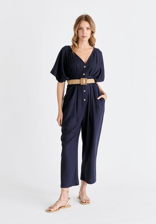 Paisie Linen Blend Button Jumpsuit