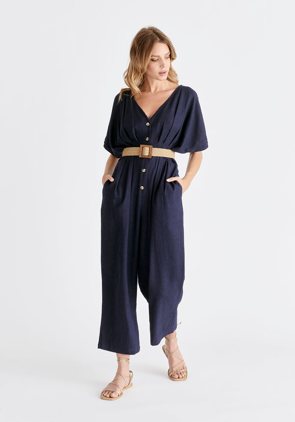 Paisie Linen Blend Button Jumpsuit