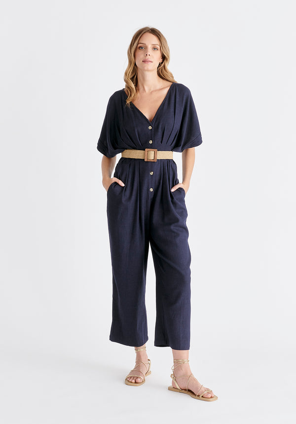 paisie Linen Blend Button Jumpsuit