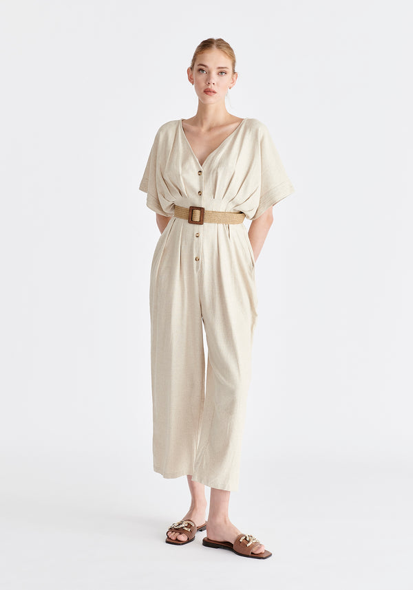 paisie Linen Blend Button Jumpsuit