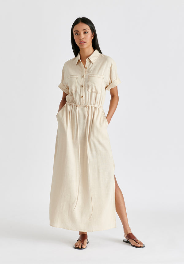 paisie Linen Blend Shirt Dress with Stitch Details