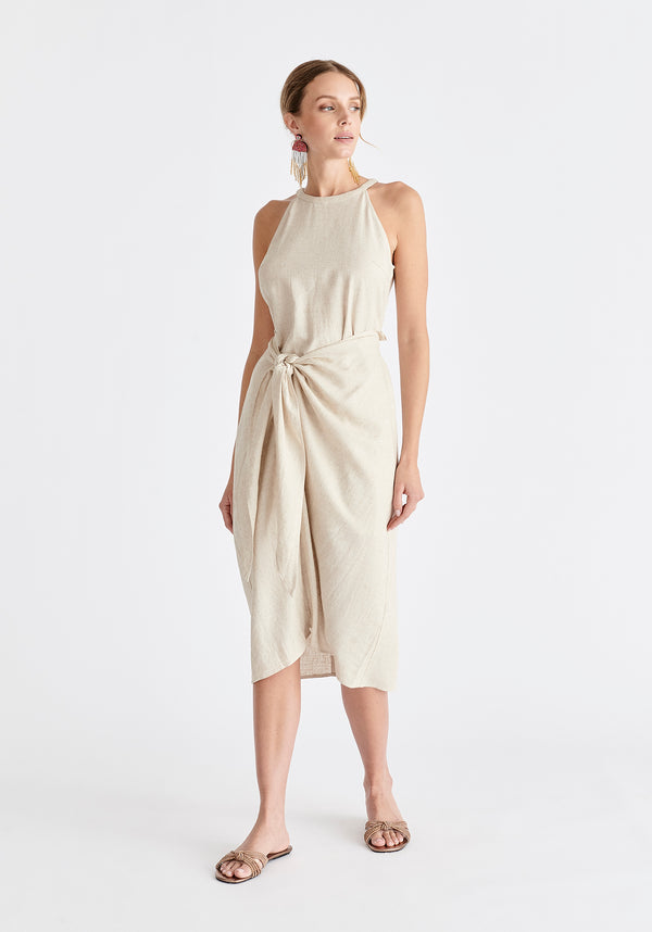 Paisie Linen Blend Waist Tie Dress