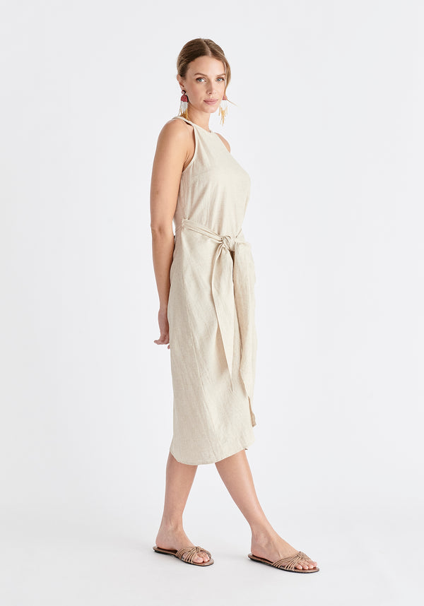 Paisie Linen Blend Waist Tie Dress