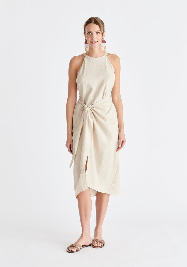 paisie Linen Blend Waist Tie Dress