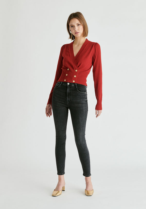 paisie Long Sleeve Knitted Button Wrap Top