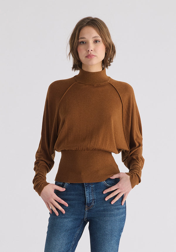 paisie Mock Neck Batwing Jumper with Ruched Cuffs