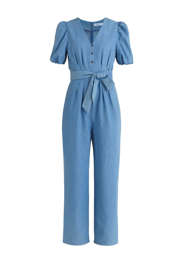 Paisie Puff Sleeve Denim Jumpsuit