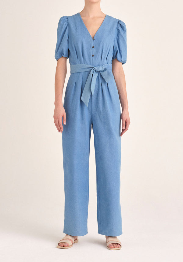 Paisie Puff Sleeve Denim Jumpsuit