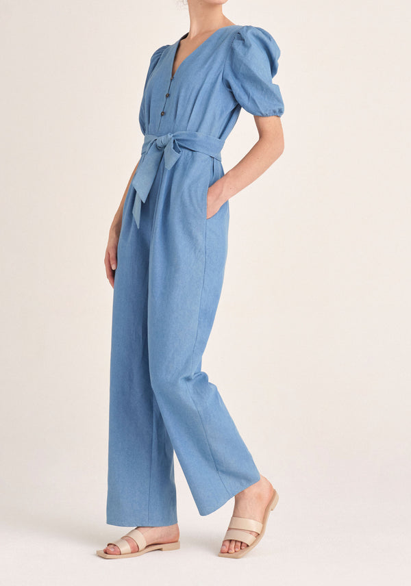 Paisie Puff Sleeve Denim Jumpsuit