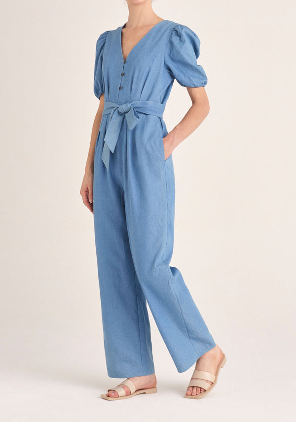 paisie Puff Sleeve Denim Jumpsuit
