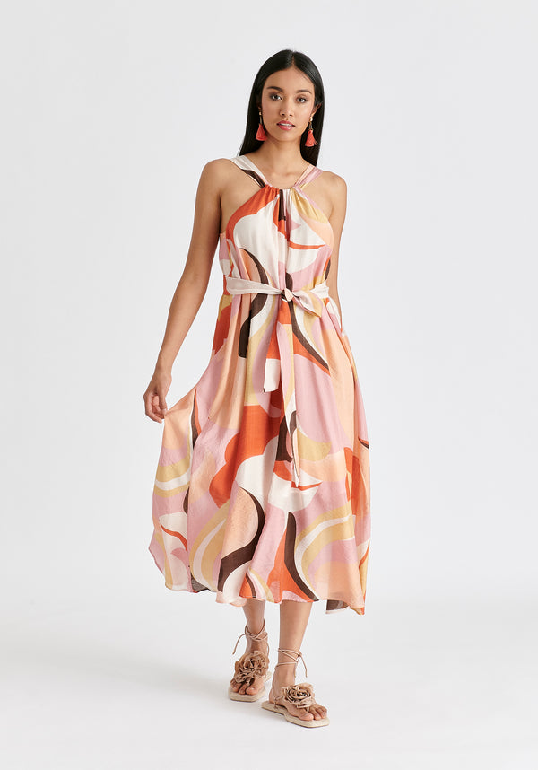 Paisie Retro Wave Halter Neck Midi Dress With Belt