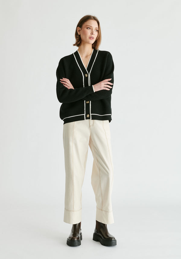 Paisie Ribbed Cardigan With Contrast Trim