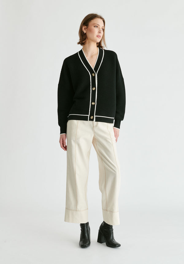 Paisie Ribbed Cardigan With Contrast Trim