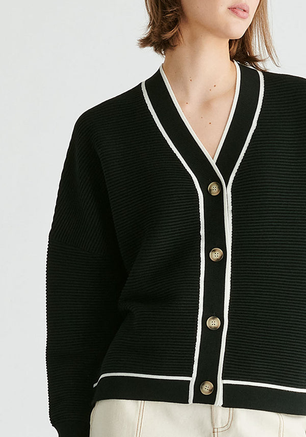 paisie Ribbed Cardigan with Contrast Trim