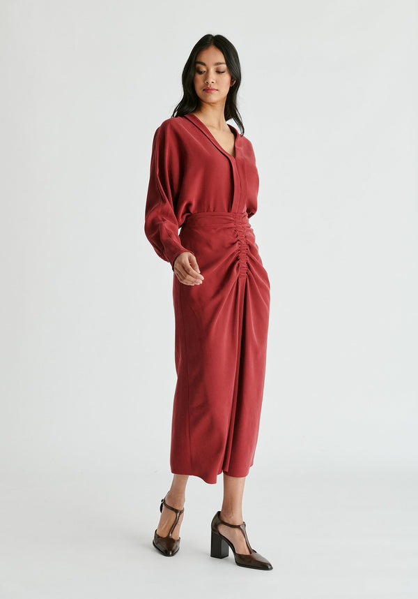 Paisie Ruched Front Midi Skirt