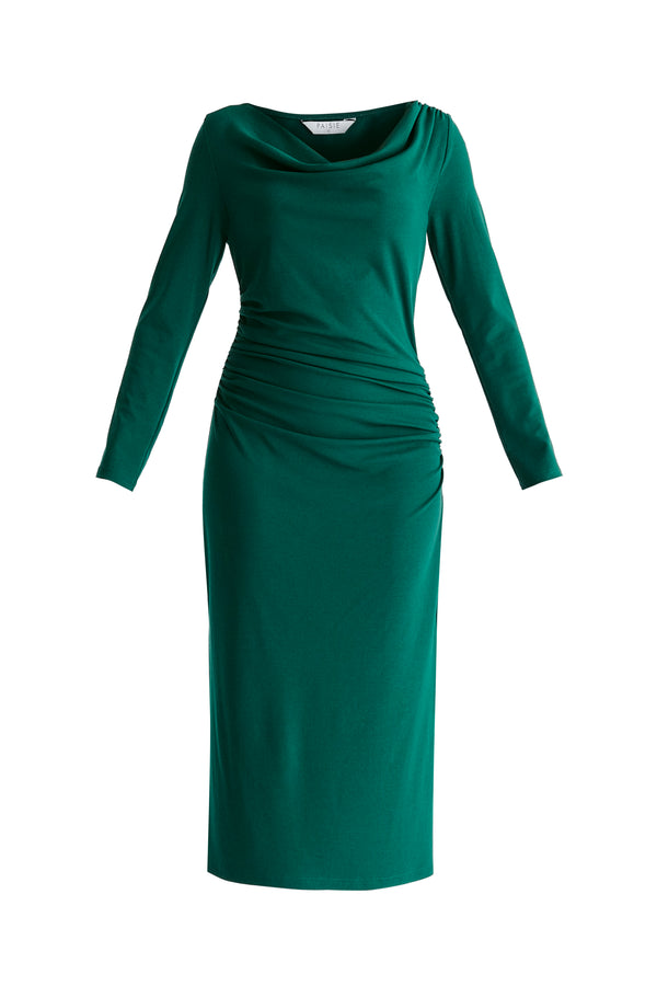 Paisie Ruched Jersey Dress With Draped Neck