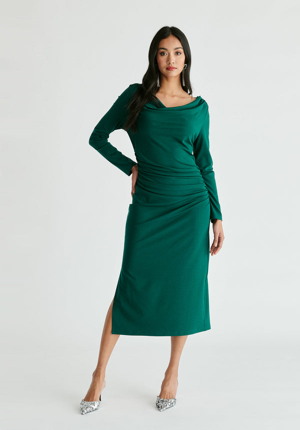 Paisie Ruched Jersey Dress With Draped Neck