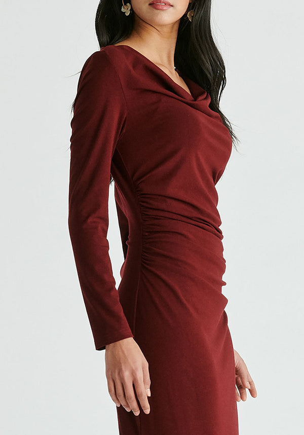 paisie Ruched Jersey Dress with Draped Neck