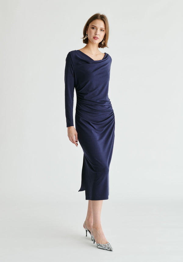 Paisie Ruched Jersey Dress With Draped Neck